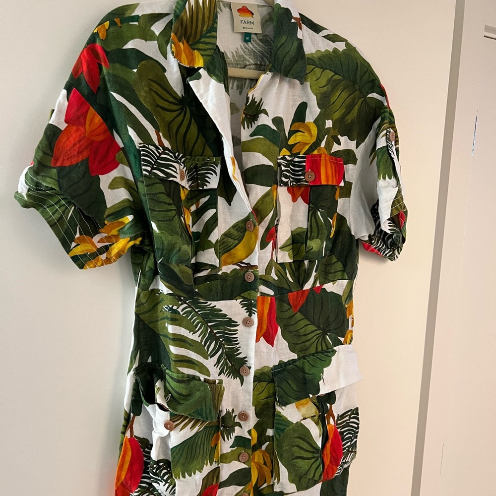 Farm Rio Cocoa Forest Utilitary Mini Dress linen  Medium